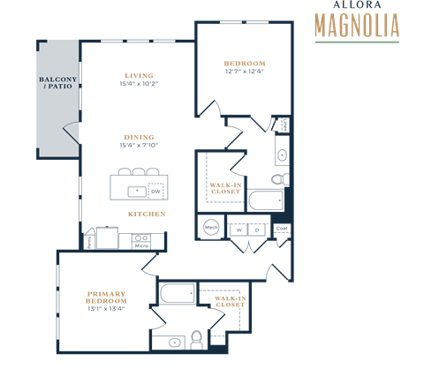 Floor plan for 2 beds, 2 baths, 1226 sqft